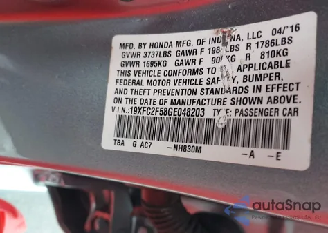 2016 Honda Civic Lx из США, поврежденный, VIN 19XFC2F58GE048203